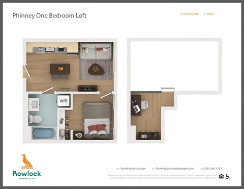 Floor plan for 1 bed, 1 bath, 413 sqft